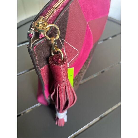 NWT Sam Edelman Chevron Suede Leather Patchwork Fringe Clutch Red/ Brown - Picture 7 of 15